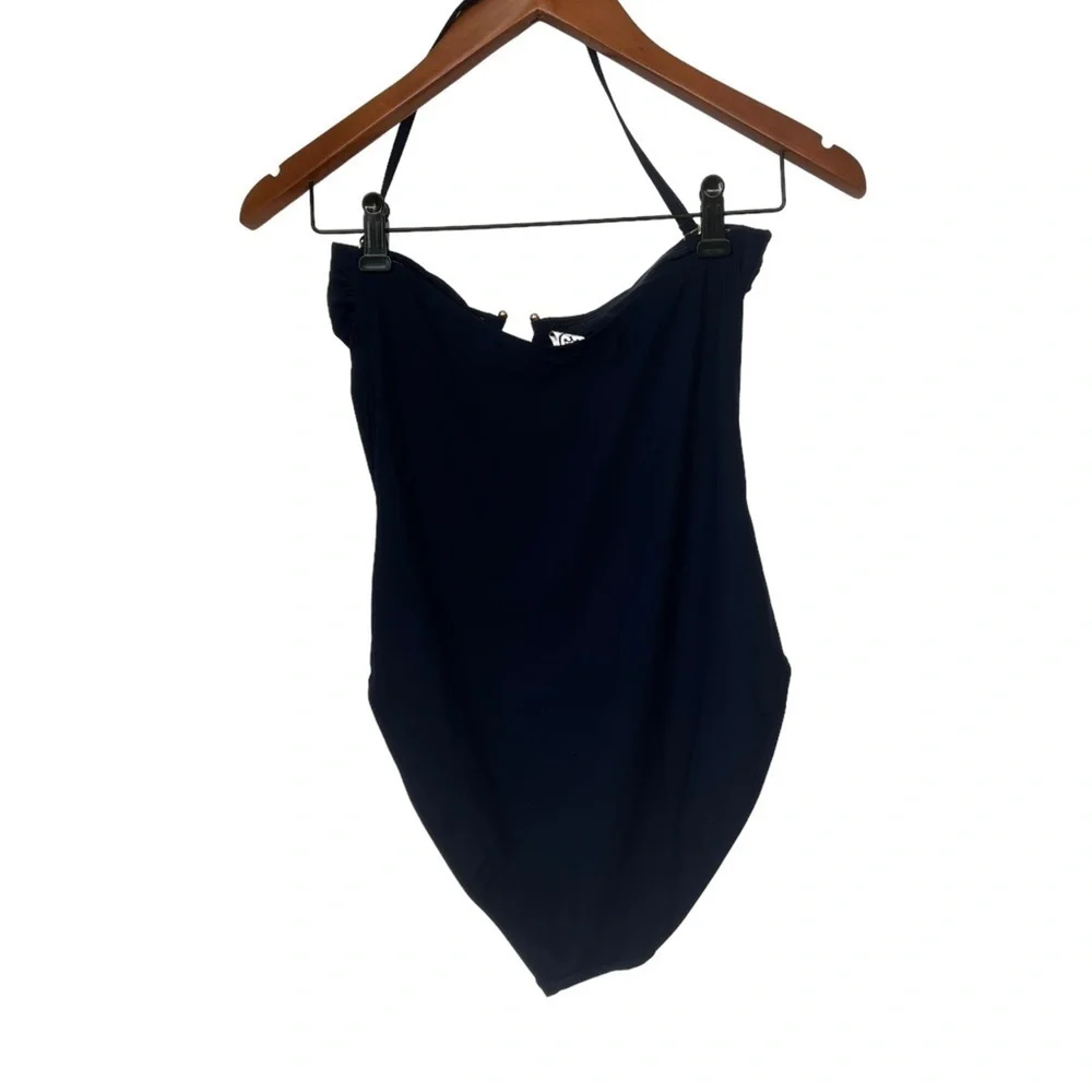 Tory Burch‎ Solid Bandeau Navy Blue U Ring One Piece Swimsuit Size L New